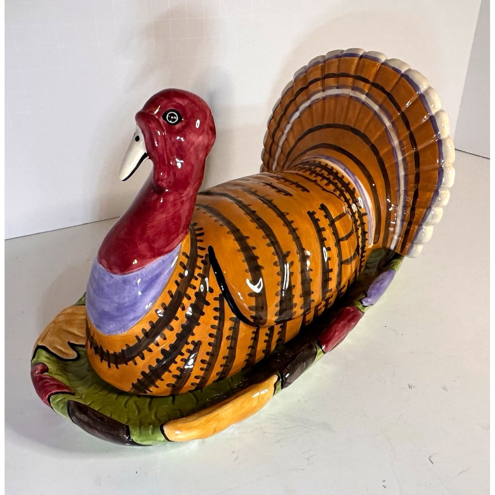 VTG Department 56 Turkey Butter Dish Thanksgiving Harvest Leaves Autumn Mint